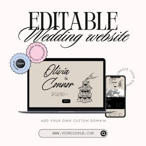 May include: A digital wedding website design shown on a laptop and smartphone. The design features the names "Olivia & Connor" with an illustration of champagne glasses. Text includes "Editable Wedding Website" and "Add Your Own Custom Domain."