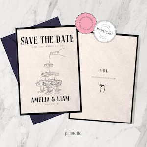 Champagne Tower Save the Date Invitation: Classic Wedding, Printable Editable Canva Template A1