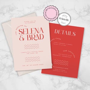 結婚式招待状テンプレート | レッドストロベリーニュース結婚式招待状 | モノクロレッドディテールウェディングカード | 波型クラシックミニマル招待状 SW