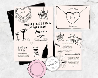 Whimsical Hand-Drawn Wedding Invitation Suite: RSVP & Details Card Template