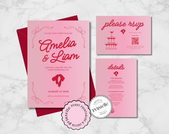 Pink & Red Ribboned Wedding Invitation Suite: QR Code RSVP, Printable Editable Canva Template P1