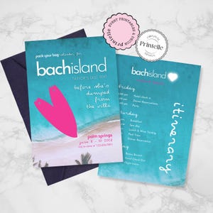 Bach Island Invitation and Itinerary Template | One Last Text Island Themed Love Bachelorette Weekend, Customizable Canva villa Template L1