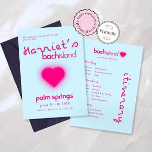 Bach Island Invitation and Itinerary Template | Villa Bombshell Themed Bachelorette Party Template, Customizable Canva Islander Template L4