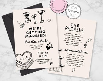 Whimsy Wedding Invitation Whimsical Handwritten Editable Wedding Invite Template Canva Wine Doodle Drawn Illustrated Scribble Champagne HW1