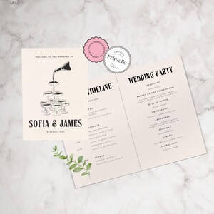 May include: A wedding timeline and wedding party list with the names Sofia & James and the date August 12, 2023. The timeline includes the day, Saturday, and Sunday. The wedding party list includes the officiant, parent of the bride/groom, maid of honour, bridesmaids, groomsmen, best man, ushers, and flower girl.