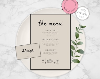 Illustrated Wedding Menu & Place Card Template (Digital Download)