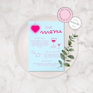 Plantilla de menú de despedida de soltera de Island Villa / Plantilla de menú de la isla de Bach dibujada a mano con temática de amor / Menú de papelería de la isla de Bachelorette L4