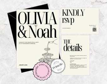Invitación de boda moderna con champán: Código QR RSVP (Plantilla editable de Canva)