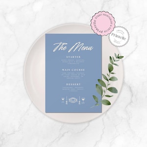 Bachelorette Menü Vorlage | Immergrün Abendkarte | Chic Bluebell Aesthetic Abendkarte | Spaß Bachelorette Wochenende Menü Dekor B3