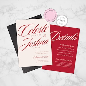 Old Money Wedding Invitation and Details Template, Editable Canva Cream and Red Moody Modern Chic Wedding Invite Address in Red + Cream RC1