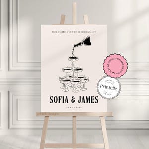 Illustrierte Hochzeit Willkommen Schild Vorlage, Champagner Turm altes Geld Hand gezeichnet Kritzel Illustration Empfang Schild Retro Vintage Dekor A2