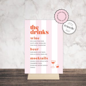 Letrero de bebidas para despedida de soltera / Plantilla de menú de bar editable en rosa y naranja / Menú de cóctel nupcial de Bach Club con rayas rosas / Letrero de bebidas TCB