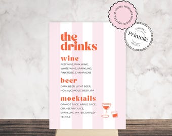 Pink Striped Bachelorette Drinks Menu Sign: Editable Bar Template (Digital Download)