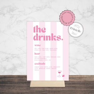Letrero de bebidas para despedida de soltera / Plantilla de barra editable monocromática rosa / Menú de cóctel nupcial con rayas rosas del Bach Club / Letrero de bebidas TBC4
