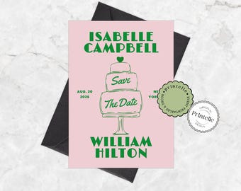 Retro Cake Save the Date Invitation Template: Pink & Green (Canva Editable, Digital Download)