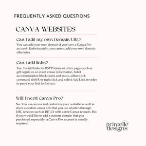 K&ouml;nnte beinhalten: Eine cremefarbene Seite mit der &Uuml;berschrift &bdquo;H&Auml;UFIG GESTELLTE FRAGEN&ldquo; und der Unter&uuml;berschrift &bdquo;CANVA WEBSITES&ldquo;. Der Text beantwortet Fragen zum Hinzuf&uuml;gen von Domains, Links und der Notwendigkeit von Canva Pro. Das Printelle Designs-Logo befindet sich unten rechts.