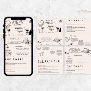 K&ouml;nnte beinhalten: Ein Smartphone zeigt Hochzeitskarten-Designs. Die Einladungen zeigen einen herzf&ouml;rmigen Kuchen, Sektgl&auml;ser und den Text &bdquo;They're Tying the Knot!&ldquo; mit den Namen Jessica und Logan sowie dem Datum 17. August 2025. Die Einladungen enthalten auch Details zur Zeremonie und zum Empfang.