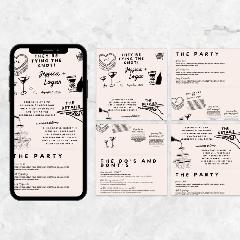 K&ouml;nnte beinhalten: Ein Smartphone zeigt Hochzeitskarten-Designs. Die Einladungen zeigen einen herzf&ouml;rmigen Kuchen, Sektgl&auml;ser und den Text &bdquo;They're Tying the Knot!&ldquo; mit den Namen Jessica und Logan sowie dem Datum 17. August 2025. Die Einladungen enthalten auch Details zur Zeremonie und zum Empfang.