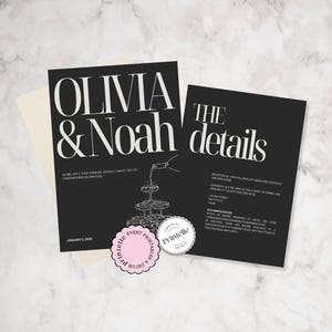 Moderne Champagner Schwarzweiß-Einladungsvorlage, Hochzeitseinladung, Monochrom illustrierte Hochzeitseinladung, bearbeitbare Canva-Vorlage D2