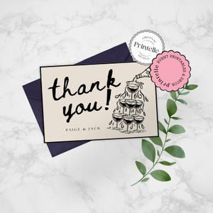 de Carte de remerciement pour mariage | Écrit à la main personnalisable Merci | Mariage illustré noir et beige | Modèle de remerciement | T2 pliable