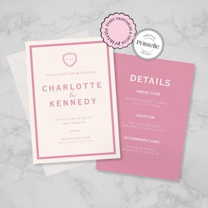 Pfingstrose Hochzeitseinladung | Rosa Prep Hochzeitskamm laden Vorlage | Moderne Details Hochzeitskarte | Raquet Klassische Preppy Hochzeit lädt PN1