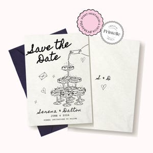 Champagne Wedding Save the Date Invitation Template: Illustrated Black and White (Digital Download)