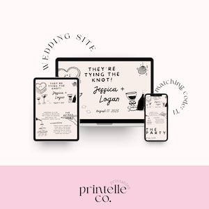 K&ouml;nnte beinhalten: Eine digitale Hochzeitseinladungssuite, die auf einem Tablet, Computer und Telefon angezeigt wird. Das Design enth&auml;lt den Text &bdquo;They're Tying the Knot!&ldquo; mit den Namen Jessica und Logan sowie das Datum 17. August 2025. Die Suite ist in Schwarzwei&szlig; gehalten.
