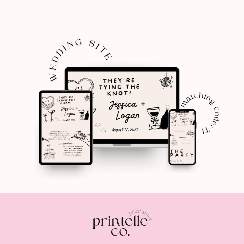 K&ouml;nnte beinhalten: Eine digitale Hochzeitseinladungssuite, die auf einem Tablet, Computer und Telefon angezeigt wird. Das Design enth&auml;lt den Text &bdquo;They're Tying the Knot!&ldquo; mit den Namen Jessica und Logan sowie das Datum 17. August 2025. Die Suite ist in Schwarzwei&szlig; gehalten.