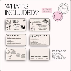 K&ouml;nnte beinhalten: Eine digitale Hochzeit Vorlage mit minimalistischem Design. Das Bild enth&auml;lt Karten mit Text wie "What's Included?" und "They're Tying the Knot!" mit den Namen Jessica und Logan und dem Datum 17. August 2026. Die Vorlage ist in Canva editierbar.