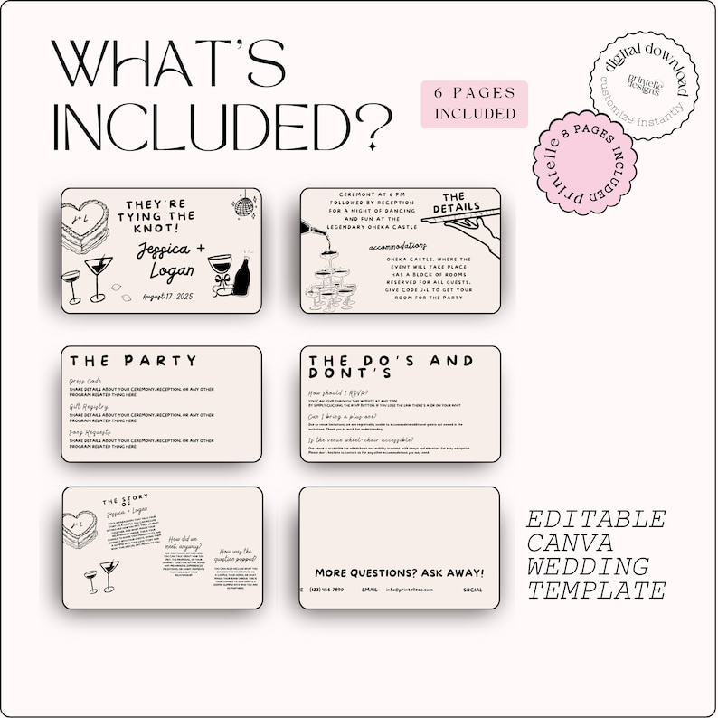 K&ouml;nnte beinhalten: Eine digitale Hochzeit Vorlage mit minimalistischem Design. Das Bild enth&auml;lt Karten mit Text wie "What's Included?" und "They're Tying the Knot!" mit den Namen Jessica und Logan und dem Datum 17. August 2026. Die Vorlage ist in Canva editierbar.