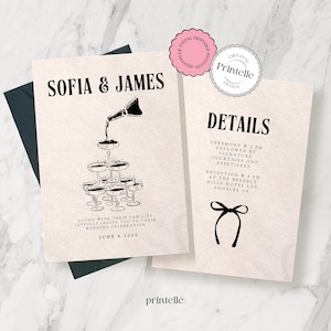 May include: A wedding invitation with a champagne tower illustration and the text "Sofia & James" and "June 6, 2025". The invitation also includes details about the ceremony and reception, including the time and location.