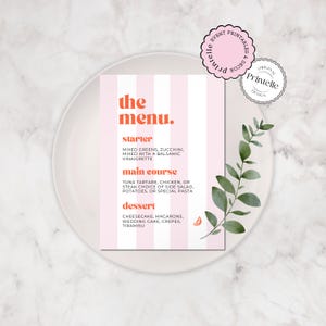 Plantilla de menú rosa / Menú de despedida de soltera naranja y rosa / Menú de despedida de soltera minimalista con rayas rosas Decoración de menú de despedida de soltera para bodas TCB 1
