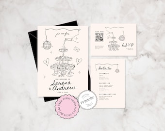 Conjunto de invitaciones de boda Champagne Tower: Plantilla de código QR ilustrada (descarga digital)