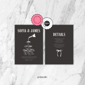 May include: Black and white wedding invitation with a champagne tower illustration. The text reads "Sofia & James" and "June 8, 2025". The details section includes the ceremony and reception times and locations.