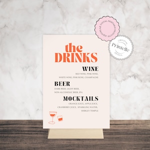 Letrero de menú de bebidas para despedidas de soltera / Plantilla de menú de barra retro naranja / Menú de cócteles nupciales para viajes de despedida de soltera a México / Las bebidas / Menú de bebidas X