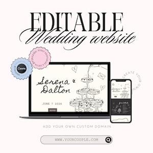 Puede incluir: Diseño de sitio web de boda digital que se muestra en una computadora portátil y un teléfono inteligente. El diseño presenta los nombres "Serena & Dalton", la fecha "7 de junio de 2026" y una ilustración de una torre de champán. El texto "EDITABLE Wedding website" está en la parte superior.