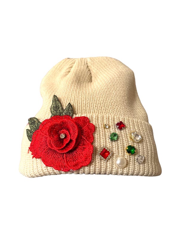 Beige with red rose and rhinestone   Embellished Beanie – Cozy, Stylish & Sparkly