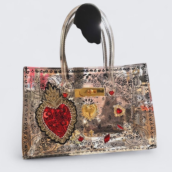 Clear BANDANA PRINT satchel BAG embellished with hearts and rhinestones