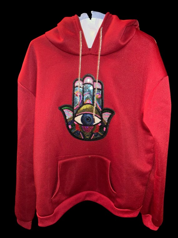 sweatshirt hoodie burgundy  with glimmer strings hands evil eye embellishment
