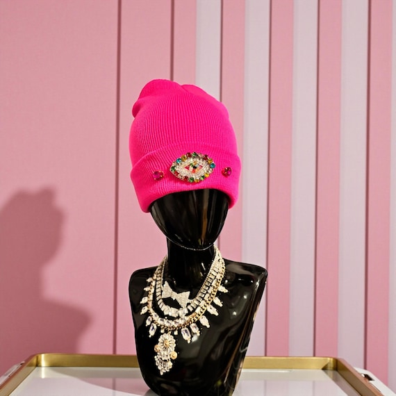 Evil Eye neon pink   Embellished Beanie – Cozy, Stylish & Sparkly