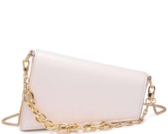 green and cream color ASYMETRICAL bag with gold chain handbag