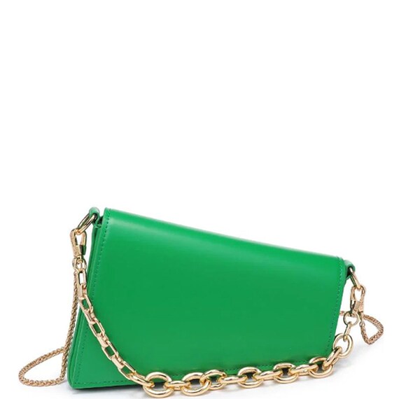 green  ASYMETRICAL bag with gold chain handbag