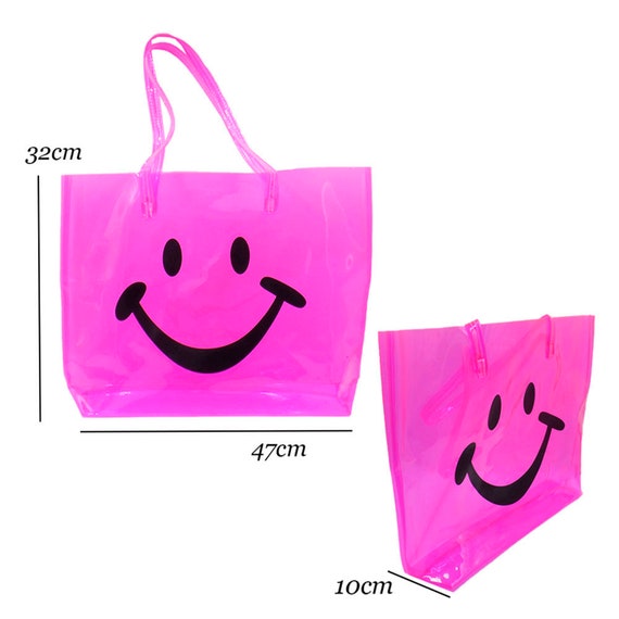 HAPPY FACE  pink and neon yellow  clear tote