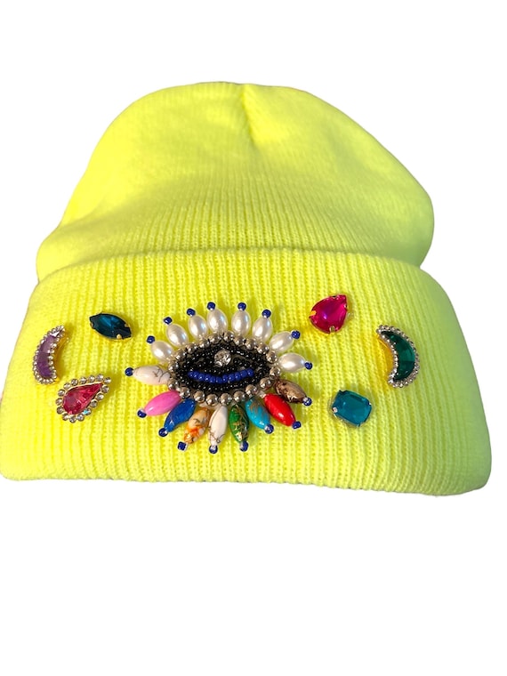 Evil Eye neon yellow  Embellished Beanie – Cozy, Stylish & Sparkly