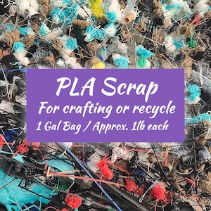 May include: A collection of tangled PLA plastic scrap in various colors including black, white, red, blue, and tan. A purple rectangular overlay features the white text: PLA Scrap, For crafting or recycle, 1 Gal Bag / Approx. 1lb each.
