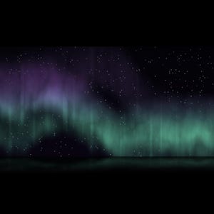 May include: A digital illustration of the aurora borealis. The image shows a dark background with a horizontal band of green and purple lights, resembling a natural light display. Small white dots represent stars.