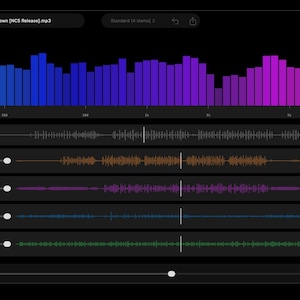 Peut inclure: Une interface audio numérique affichant un éditeur de forme d'onde multipiste. La section supérieure montre un spectre de fréquences bleu à violet. En dessous se trouvent cinq pistes horizontales nommées Main, Drums, Bass, Other et Vocals, chacune avec des curseurs de volume et des visualisations de forme d'onde sur un fond sombre.