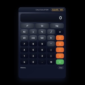 Può includere: Una calcolatrice scientifica blu scuro con pulsanti bianchi e arancioni. La calcolatrice visualizza il numero "0" in alto e include funzioni come "sin", "cos", "tan" e "log". La parola "CALCULATOR" è in alto.