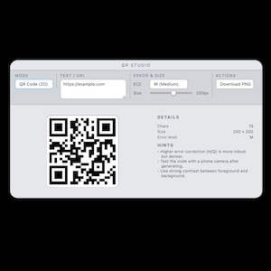 May include: A QR Studio interface with a QR code generator. The interface includes fields for text/URL, error correction, and size. The generated QR code is black and white, with the URL https://example.com. The interface also has a download PNG button.