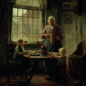 Puede incluir: Pintura al óleo de una escena doméstica con una mujer y dos niños reunidos alrededor de una mesa. La mujer, con un gorro, prepara comida. Los niños están sentados, ocupados en sus propias actividades. La habitación está tenuemente iluminada, con una ventana al fondo.
